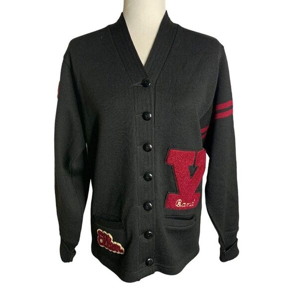 Vintage 50s Varsity Cardigan Sweater M Black Worsted Wool Buttons Pockets Band